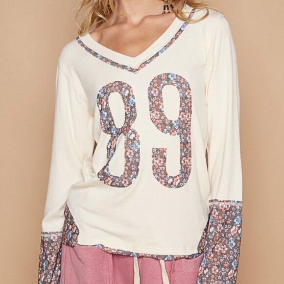 POL L/S TEE V-NECK FLORAL NUMBER PATCHWORK BUTTERMILK NIP - Picture 2 of 6